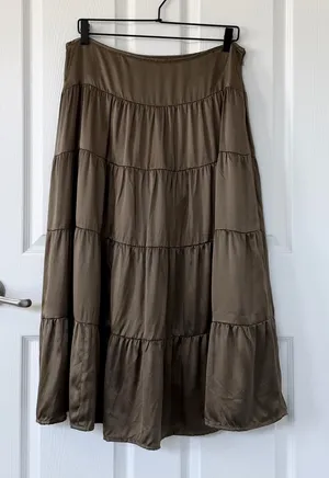 100% Silk Tiered Midi Skirt in Bronze Brown Fall Tone INC International Concepts thumbnail 1