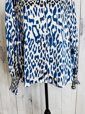 Entro Abstract Button Down Satin Top Smocked Cuff Ruffle Sz L Blue Ivory NWOT thumbnail 3