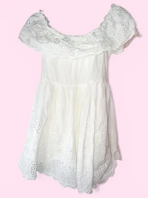 Lulus - White Eyelet Off Shoulder Babydoll Mini Dress Boho Cottagecore - Size XL thumbnail 1