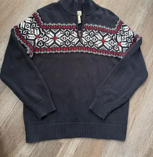 VTG L.L. Bean Cotton Quarter Zip Sweater Red White Navy Fair Isle Cottage Size M thumbnail 1