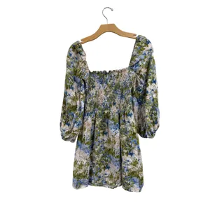 Reformation Linen Floral Greyson Smocked Mini Dress‎ Puff Sleeve Size M thumbnail 5