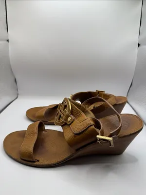 Tory Burch Amanda Brown Leather Logo Medallion Wedge Sandals Size 9.5M thumbnail 5