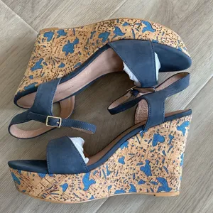 Anthropologie Arden Denim Blue Cork Platform Wedge Leather Sandals Size 9 thumbnail 1