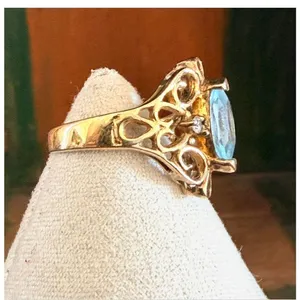 Vintage Sterling Silver Gold Vermeil Filigree Ring Blue Marquise Stone 925 Ring thumbnail 4
