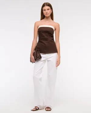 Abercrombie and Fitch AnF Dark Brown White Beige Linen Blend Tube Top Blouse thumbnail 2