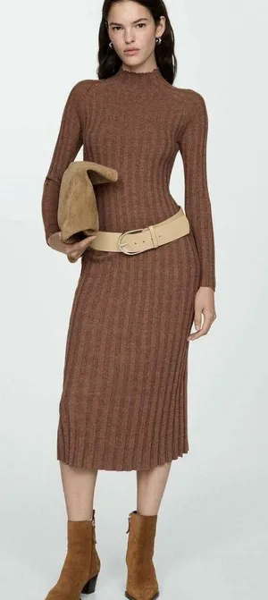 Mango Ribbed Long-Sleeve Midi Dress in Brown thumbnail 1