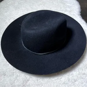 Phenix Black 100% Wool Leather Band Wide Brim Hat thumbnail 6