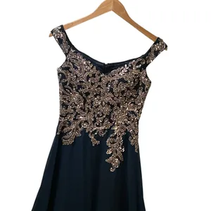 Betsy & Adam Navy Blue Gold Sequin Embroidered Gown ‎ Size 2 Sweetheart V-Back thumbnail 5