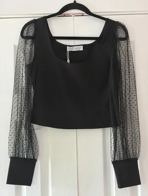 Petal + Pup Black Polka Dot Sheer Mesh Sleeve Crop Top Square Neck US 8‎ NEW thumbnail 1