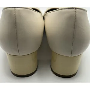 Salvatore Ferragamo Cream Leather Block Heel Pumps Silver Ball Detail Size 9B thumbnail 7
