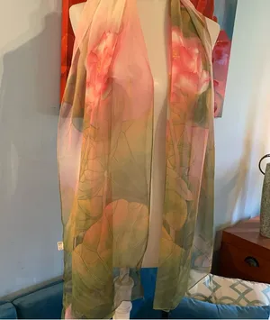 Beautiful Floral 100% silk scarf pinks/ greens 62 inches long thumbnail 1