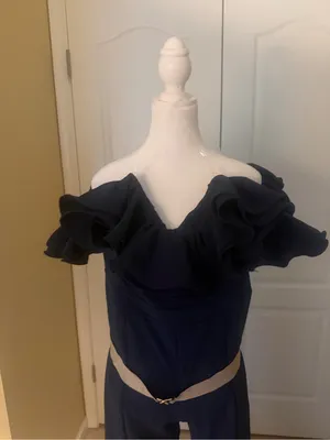 Loragal off-Shoulder Navy Ruffle Wide-Leg Jumpsuit with gold Belt side zip NWT thumbnail 4