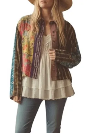 Yvonne Agaro Collections Multicolor Patchwork Cropped button down shirt Jacket Green Size L thumbnail 1