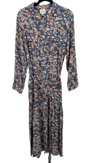 Haute Hippie Tribe Blue Floral Long Sleeve Button Midi Shirt Dress XL Boho Indie thumbnail 1