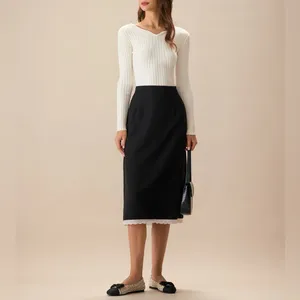 Rihoas Black Contrasting Slit Midi Skirt thumbnail 2