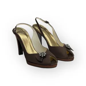 Stuart Weitzman ❤︎ Metallic Silk Peep Toe Slingback Heeled Sandals ❤︎ Chocolate thumbnail 11
