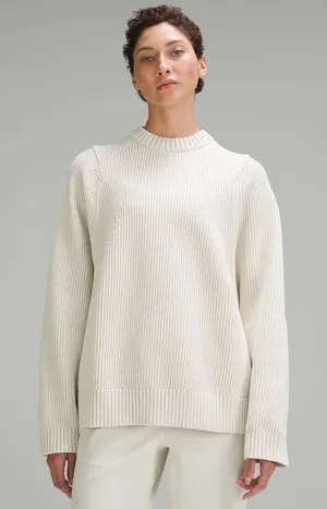 Lululemon Cotton Blend Crewneck Ribbed Sweater Bone Chunky Casual Womens Medium thumbnail 1