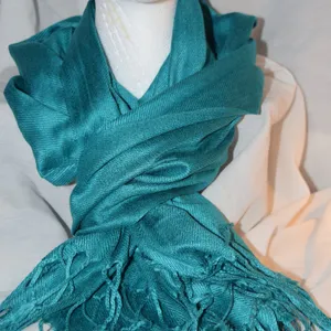 Teal Pashmina Style Scarf Wrap 26" x 70" w 4" Fringe thumbnail 1