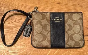 Coach Signature Tan Black Wristlet credit card and key chain classic monogram thumbnail 1