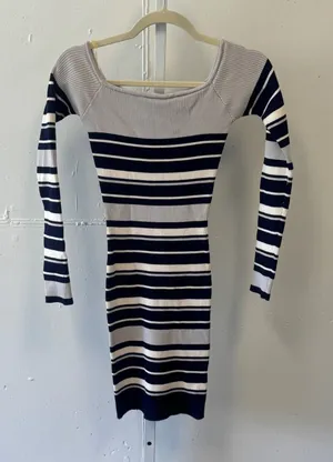 NWT Revamped Striped Ribbed Knit Bodycon Dress Navy Grey White Square Neck Med thumbnail 1