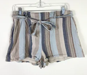 Purple Snow Tan & Blue Striped Paperbag Belted Tie Waist Shorts Size L thumbnail 1