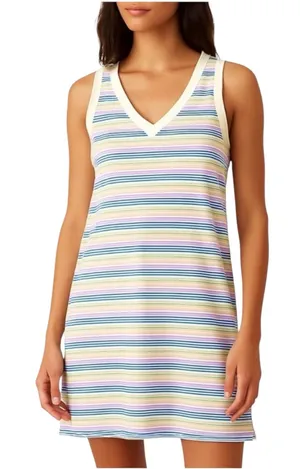 Pact Organic Cotton Sleeveless V-Neck Cream Stripe Mini Dress LARGE thumbnail 1
