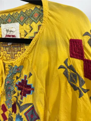 Biya Johnny Was golden Yellow Embroidered Boho long sleeve Top L blouse geometri thumbnail 12