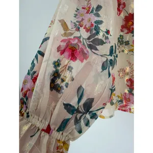 LOFT Floral Blouse Women XS Cream Gold Metallic Shimmer Puff Sleeve Cottagecore thumbnail 6