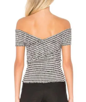 Revolve Cupcakes Cashmere Bowman Top Off-The-Shoulder Smocked Gingham Wrap Bardot Blouse thumbnail 2