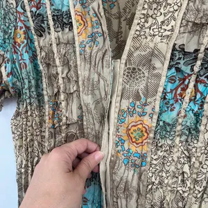 Y2K Piano Patchwork Snap Top Sz M Boho Festival Crinkle Artsy Satin Chiffon Tan thumbnail 4