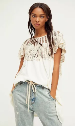 Free People Coastal Knit Cream Oversized Boho Cottagecore Blouse Size XS thumbnail 1