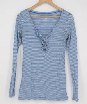 Old Navy Womens Blue White Striped Ruffle Henley Long Sleeve Top Tall Medium thumbnail 1