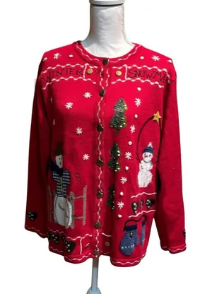 Quacker Factory Sweater VTG Cardigan Christmas Snowman Red Holiday Knit Medium‎ thumbnail 1