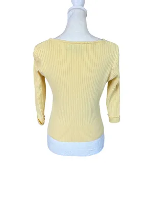 Women's yellow ribbed knit 3/4 sleeve button down top cuffed sleeves size M thumbnail 4