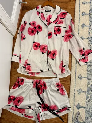 Kate Spade Roses Satin Pajama Set Long Sleeve Top and Shorts Size Large thumbnail 1