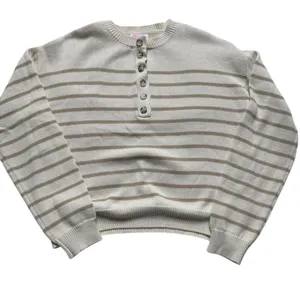 Pink Lily Striped Button Neck Sweater Cream Tan Small Coastal Grandma thumbnail 6