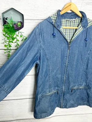 NorthStyle Plaid Lined Zip Front Denim Jacket with Detachable Hood Size Small thumbnail 2