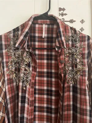 Free People SNOW TOP MOUNTAINS Red Plaid Shirt with Embroidered Sequins thumbnail 4