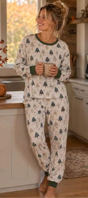 L - WILD WANDER - Cozy Tree-Print women bamboo Pajama Set - Green Trim thumbnail 1