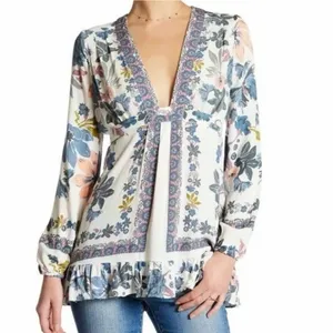 Free People Violet Hill Floral Long Sleeves Plunging Neck Back Tie Tunic Size 2 thumbnail 2