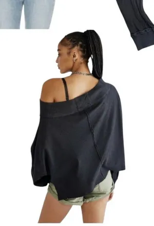 Free People We the Free Close to You Waffle Off Shoulder Top Grey Large thumbnail 1