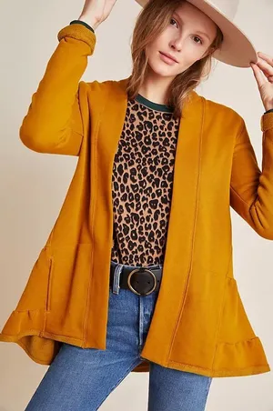 Anthropologie Lila Tiered Babydoll Cardigan Women M Mustard Boho Cottagecore thumbnail 1