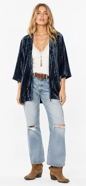 Crushed Velvet Kimono Duster Boho Soft Glam Festival Cardigan Open Front Robe thumbnail 1