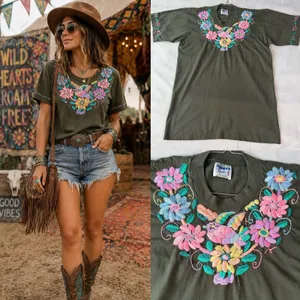 VTG Doris Guatemala T Shirt Sz L Floral Bird Embroidered Boho Folk‎ Art Festival thumbnail 2