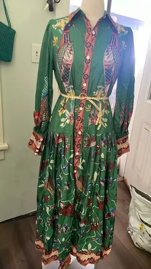 Women Dress A-Line Retro Printed Lantern Sleeve Long Dress with Belt small thumbnail 3