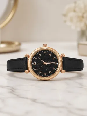 Geneva Rose Gold Case Black Starry Dial Leather Strap Women's Watch thumbnail 3