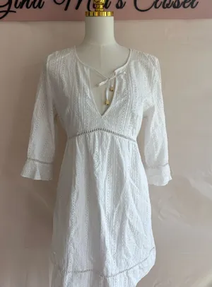 Heidi Klein White Eyelet Cotton Dress with Tie Waist, Size Large thumbnail 1