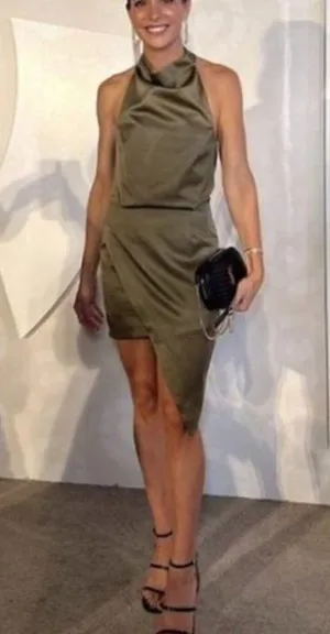 ELLIATT Camo Asymmetric Satin Cocktail Dress in Khaki Size X-Small thumbnail 1