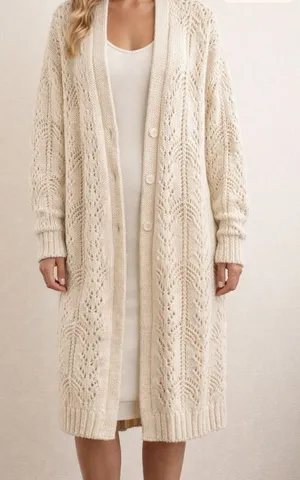 AMS Pure Long Sleeve Duster Maxi Wool Blend Cardigan Sweater Cream 6 thumbnail 1
