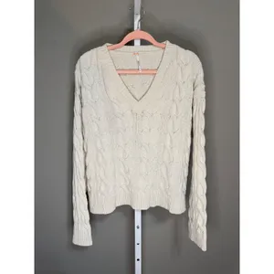 Free People Washed Cable V-Neck Knit Sweater Cream XL NWT Quiet‎ Luxury thumbnail 2